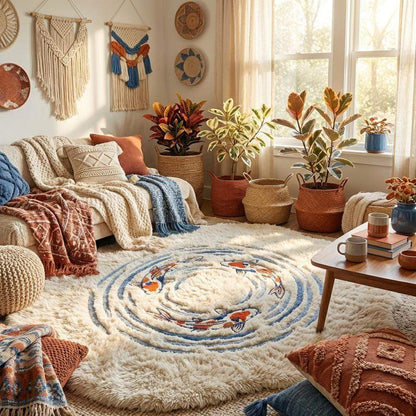 Koi Fish Rug Hand Tufted Irregular Shaped Wool Area