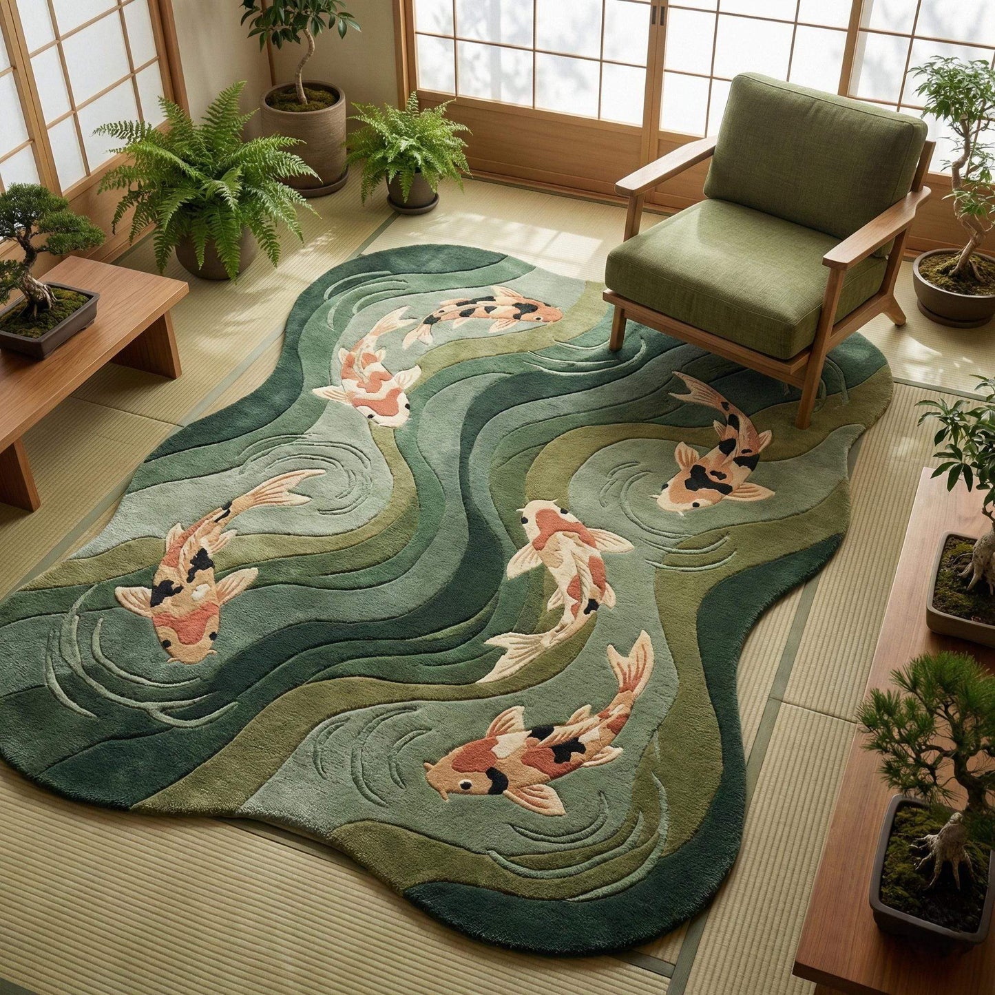 Japanese-inspired koi fish rug with sculpted design and soft plush texture for Japandi living room decor