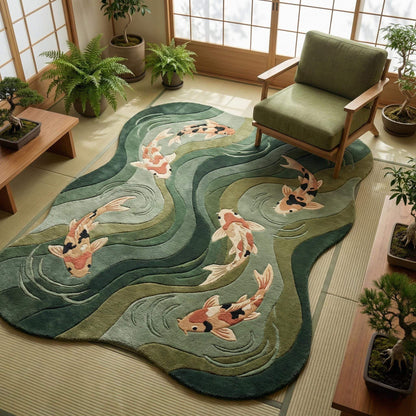 Japanese-inspired koi fish rug with sculpted design and soft plush texture for Japandi living room decor