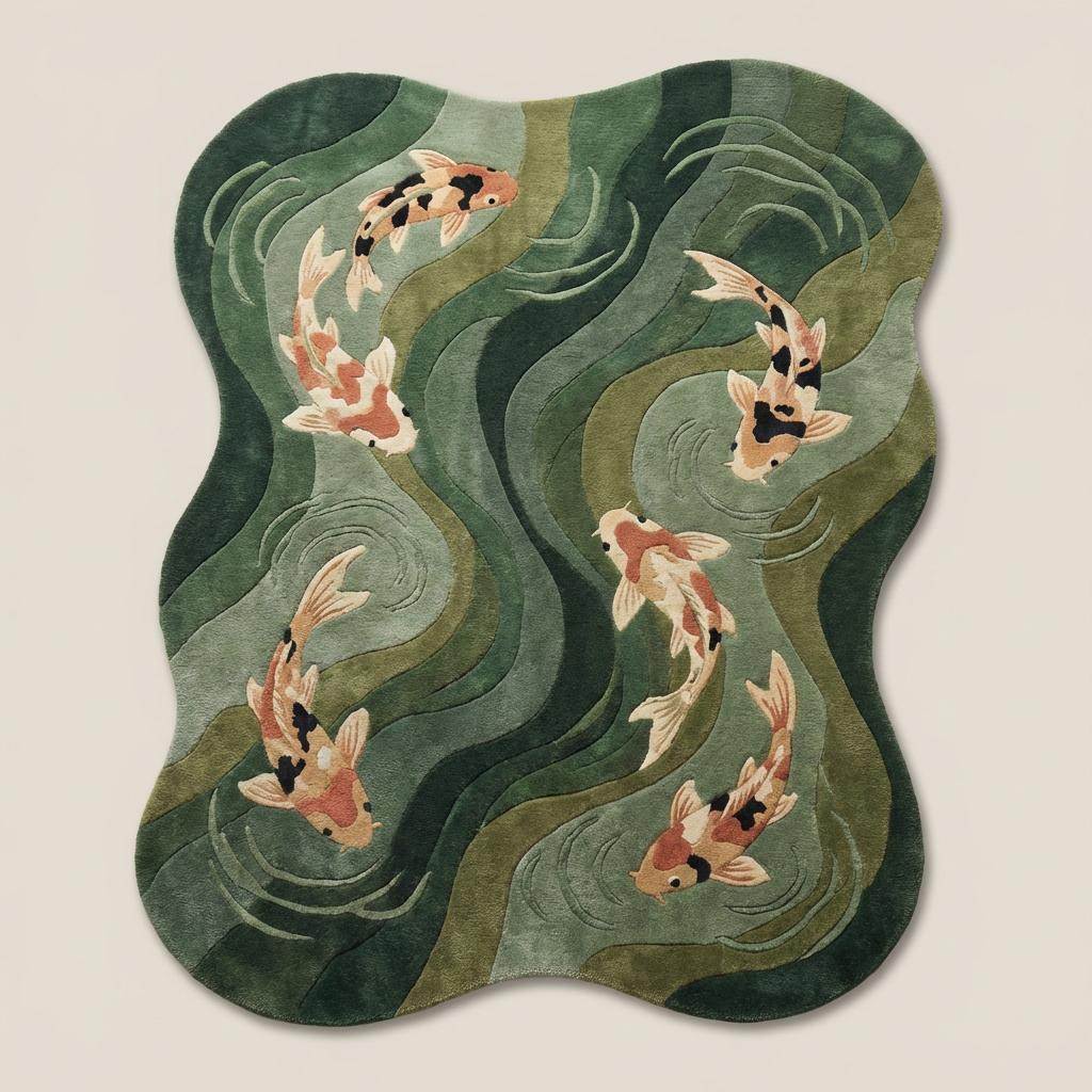 Top-down view of organic-shaped koi fish rug displaying flowing water pattern, sculpted contours, and full artistic layout in green Japandi color palette.