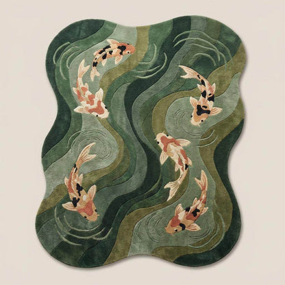 Top-down view of organic-shaped koi fish rug displaying flowing water pattern, sculpted contours, and full artistic layout in green Japandi color palette.