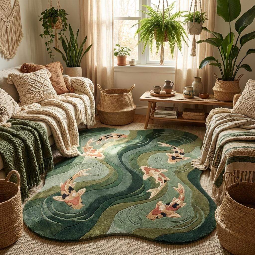 Koi fish Japanese rug styled in a minimalist living room highlighting zen décor, organic rug shape, calming colors, and nature-inspired design.