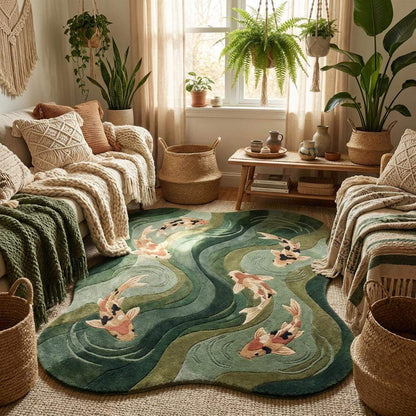 Koi fish Japanese rug styled in a minimalist living room highlighting zen décor, organic rug shape, calming colors, and nature-inspired design.