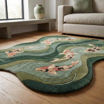 Detailed view of koi fish rug edge and carved border showing sculpted finish, thickness, and organic silhouette for size and quality reference.