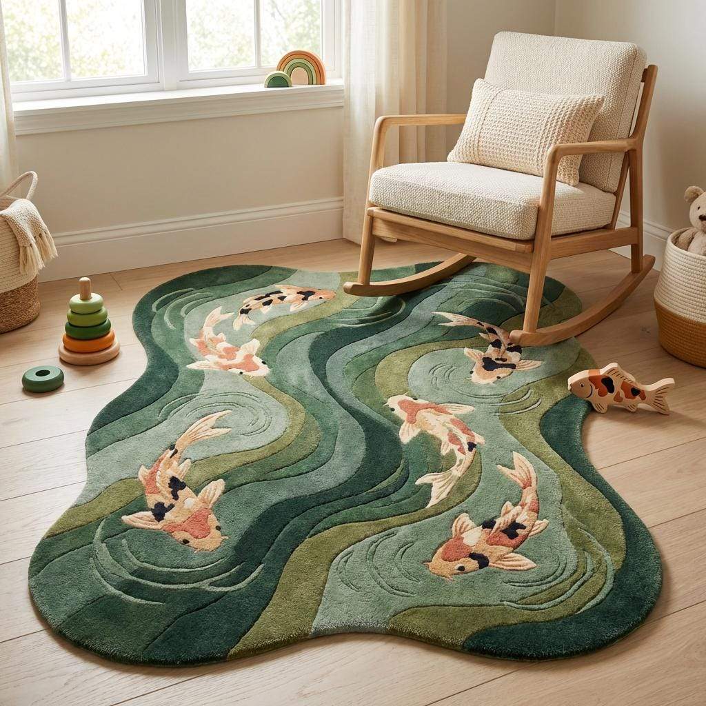 Soft koi fish area rug styled in a calm nursery space emphasizing plush texture, gentle colors, and cozy feel suitable for family-friendly interiors.