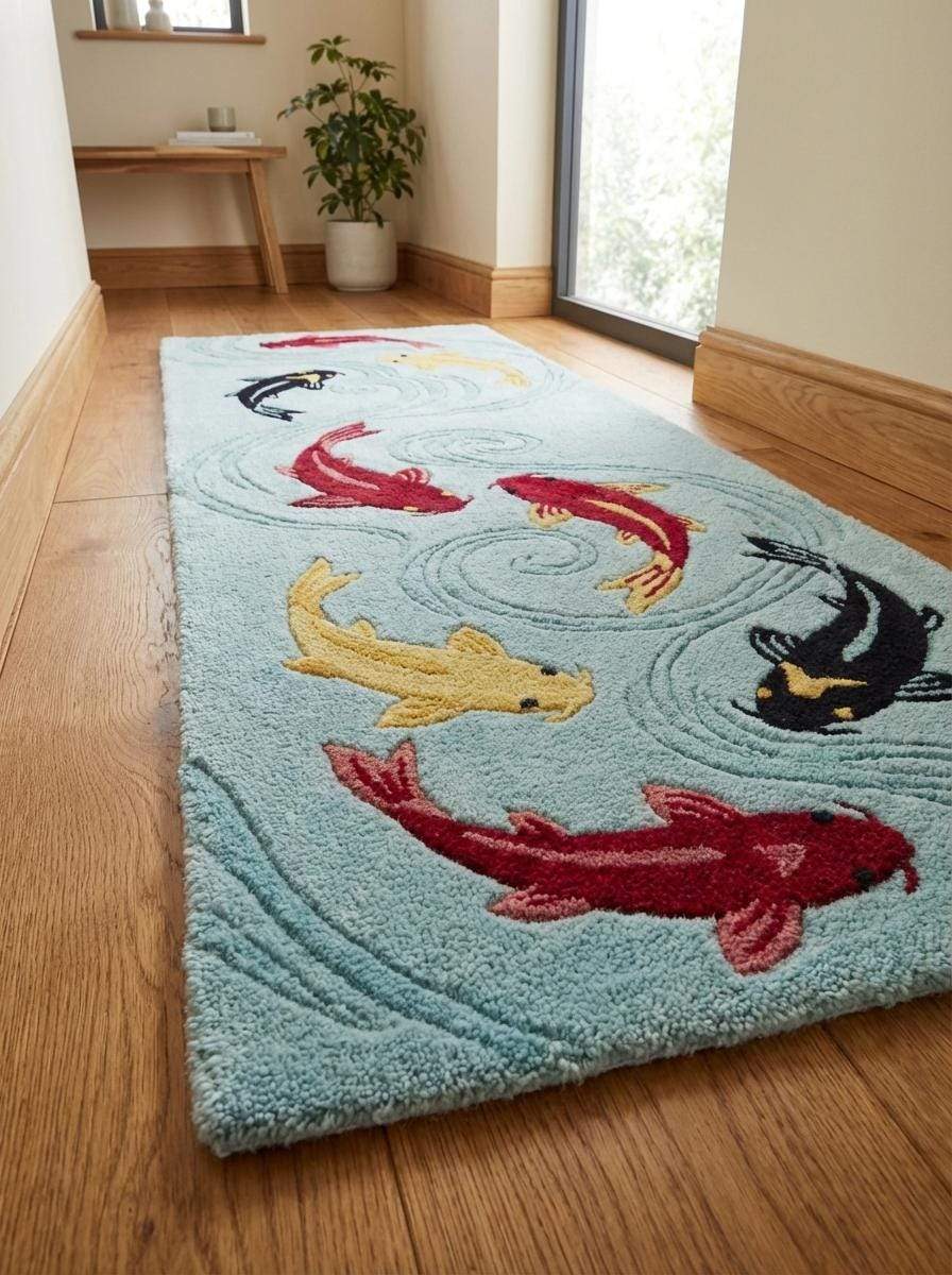 Decorative fish runner rug perfect for bathroom or hallway featuring handmade tufted wool construction. __etsy:7838048287