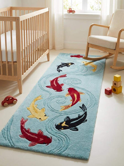 Koi Fish Tufted Rug Runner, Japanese Pond Style Carpet, Aqua Blue Bathroom Hallway Decor, Handmade Wool Fish Design __etsy:7838048351