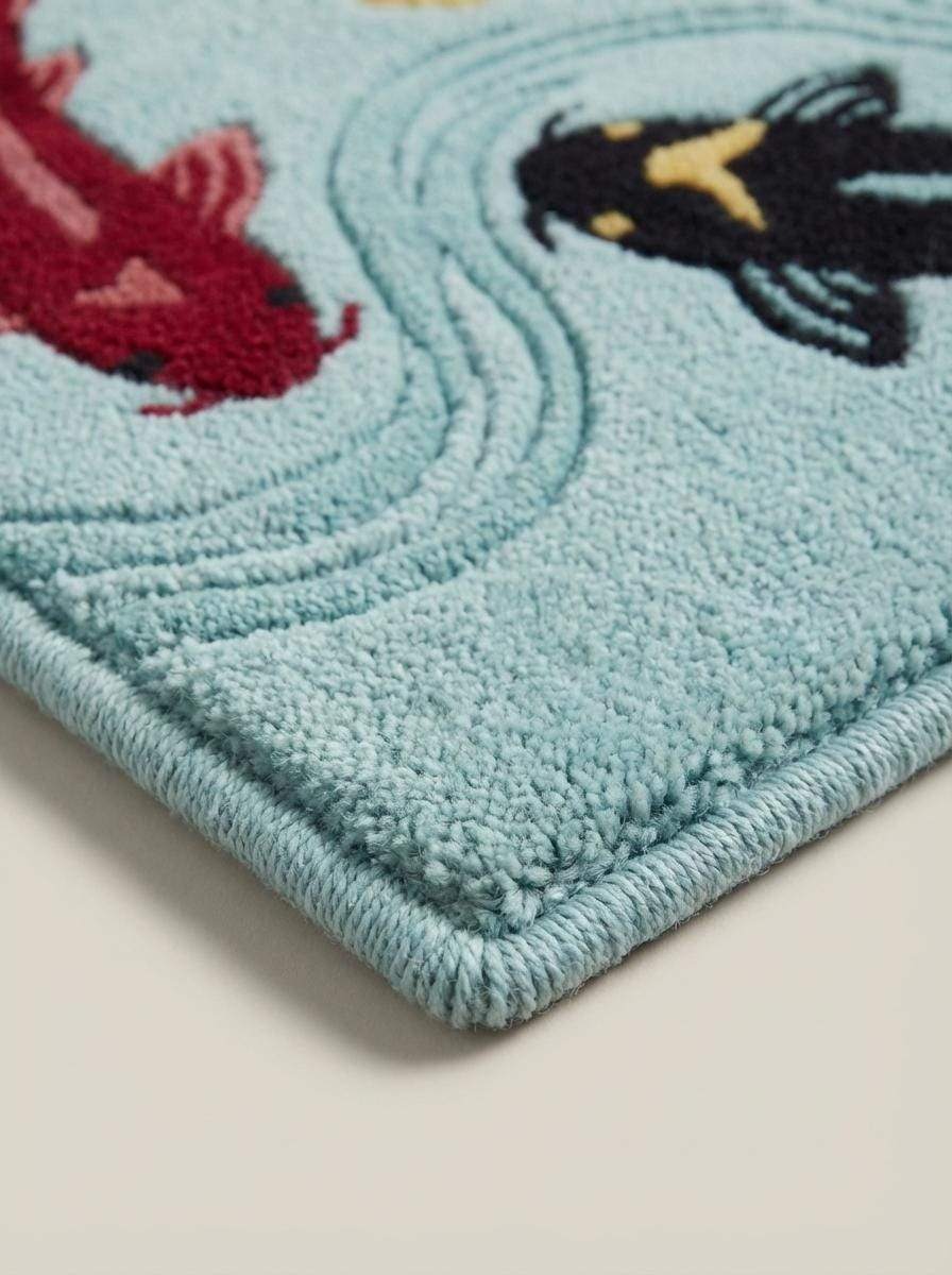 Koi Fish Tufted Rug Runner, Japanese Pond Style Carpet, Aqua Blue Bathroom Hallway Decor, Handmade Wool Fish Design __etsy:7790118624