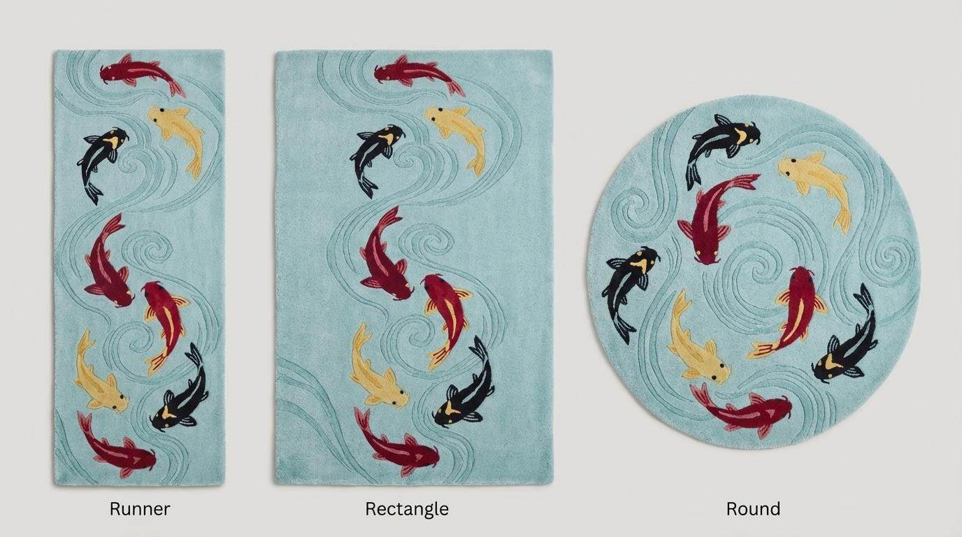 Koi Fish Tufted Rug Runner, Japanese Pond Style Carpet, Aqua Blue Bathroom Hallway Decor, Handmade Wool Fish Design __etsy:7838048371