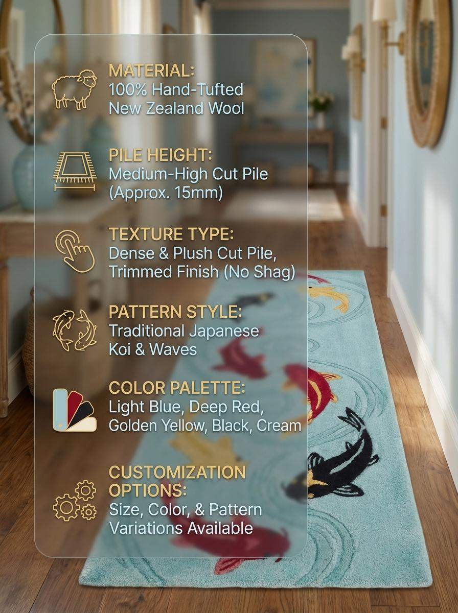 Koi Fish Tufted Rug Runner, Japanese Pond Style Carpet, Aqua Blue Bathroom Hallway Decor, Handmade Wool Fish Design __etsy:7790118642