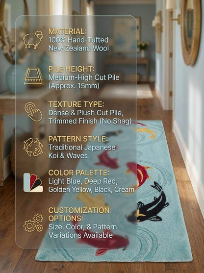 Koi Fish Tufted Rug Runner, Japanese Pond Style Carpet, Aqua Blue Bathroom Hallway Decor, Handmade Wool Fish Design __etsy:7790118642