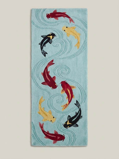 Japanese koi pond inspired runner rug with vibrant fish pattern placed on light wood floor between stools. __etsy:7790118530