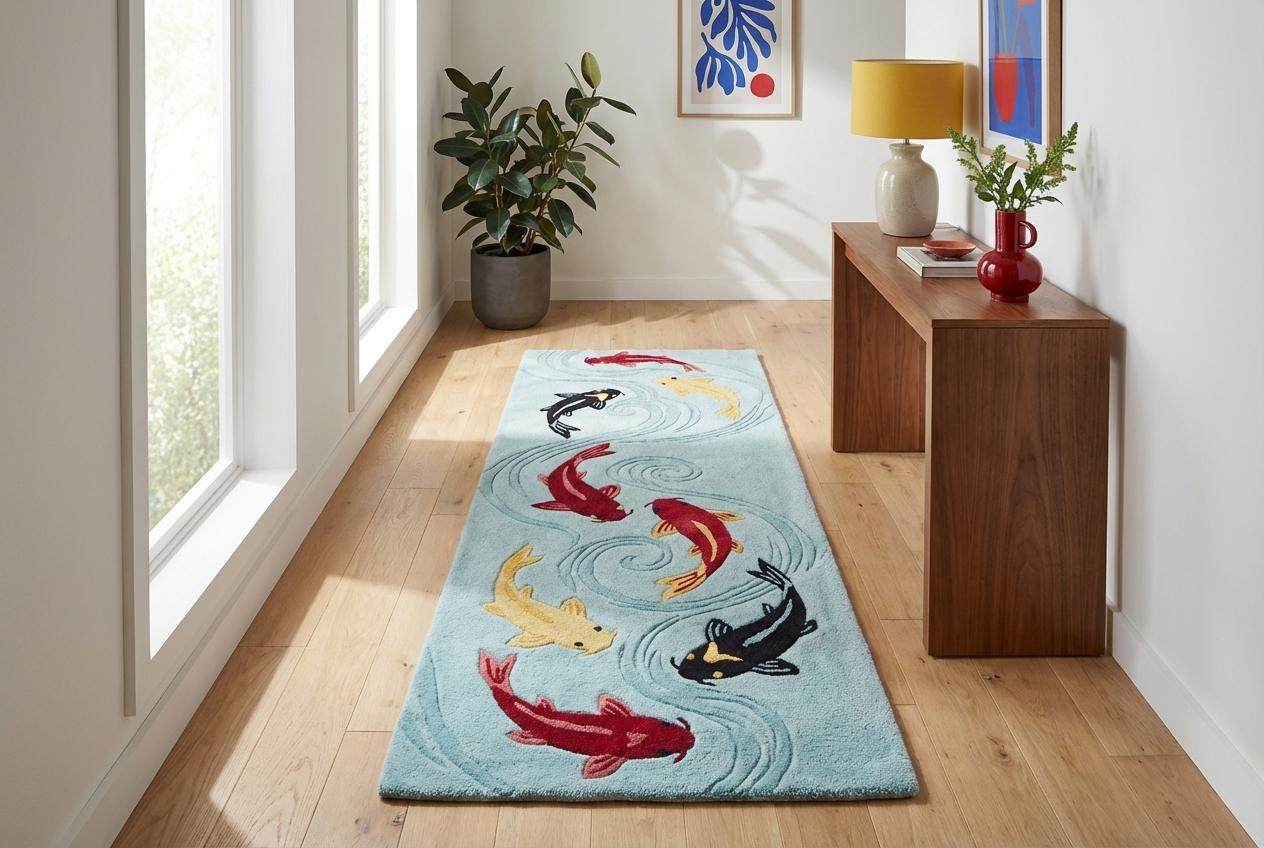 Modern aquatic themed runner carpet with colorful koi fish and flowing water pattern on blue base. __etsy:7838048263