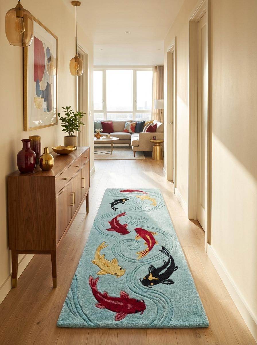 Koi Fish Tufted Rug Runner, Japanese Pond Style Carpet, Aqua Blue Bathroom Hallway Decor, Handmade Wool Fish Design __etsy:7790118580
