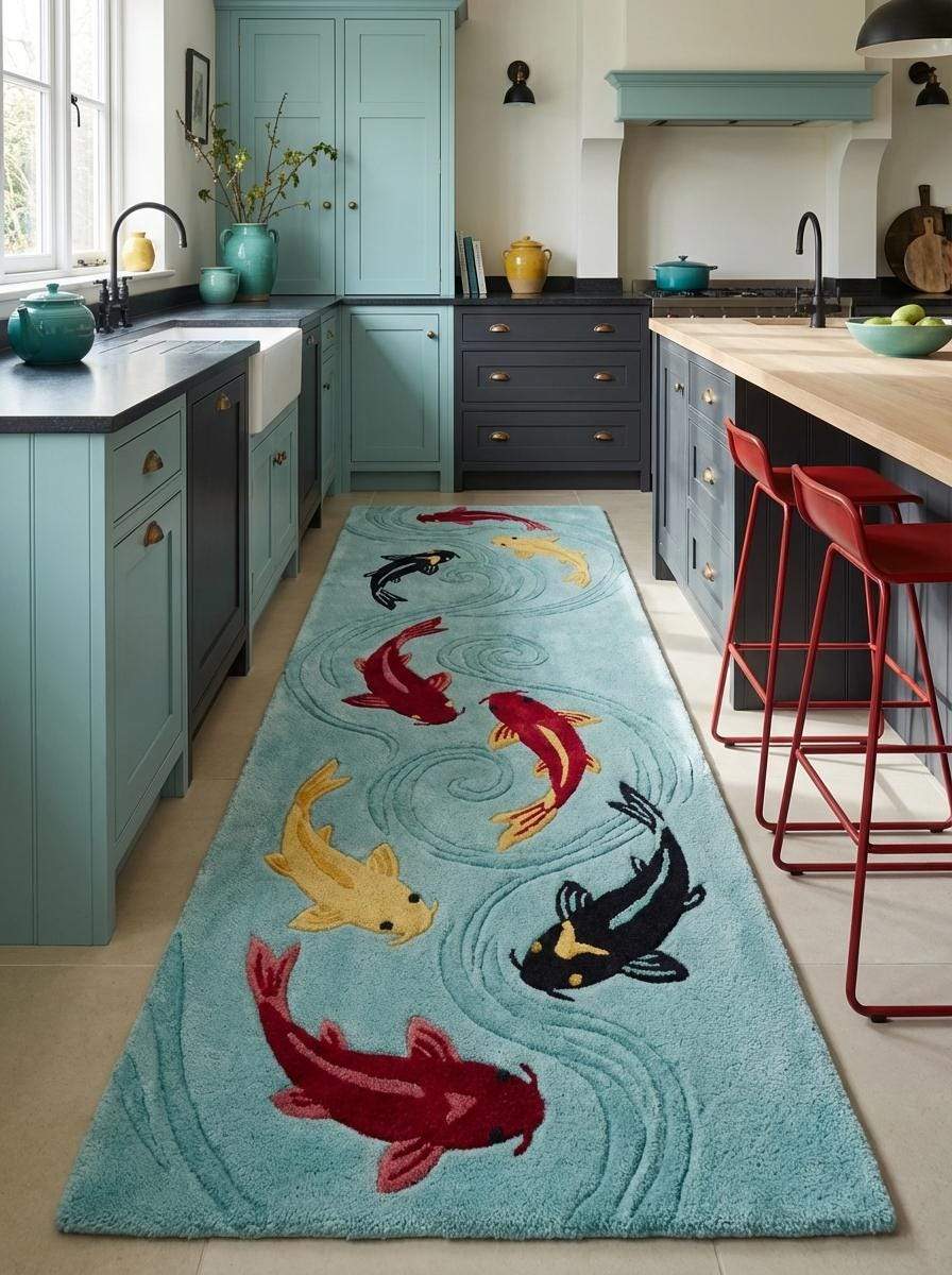 Unique koi fish carpet runner adding artistic aquatic décor to contemporary home interior. __etsy:7790118564
