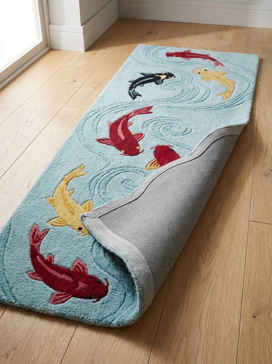 Koi Fish Tufted Rug Runner, Japanese Pond Style Carpet, Aqua Blue Bathroom Hallway Decor, Handmade Wool Fish Design __etsy:7790138526