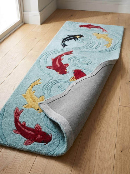 Koi Fish Tufted Rug Runner, Japanese Pond Style Carpet, Aqua Blue Bathroom Hallway Decor, Handmade Wool Fish Design __etsy:7790138526