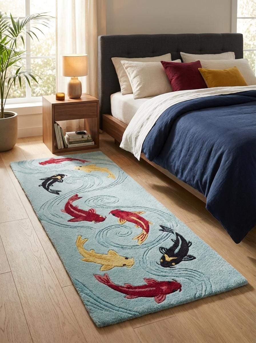 Koi Fish Tufted Rug Runner, Japanese Pond Style Carpet, Aqua Blue Bathroom Hallway Decor, Handmade Wool Fish Design __etsy:7790118582