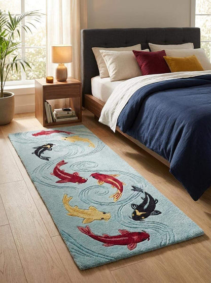 Koi Fish Tufted Rug Runner, Japanese Pond Style Carpet, Aqua Blue Bathroom Hallway Decor, Handmade Wool Fish Design __etsy:7790118582