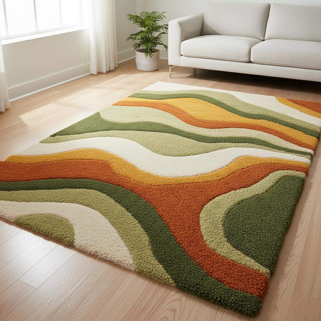 Large Wavy Area Rug — Retro Boho Shag Tufted Rug, Mid-Century Modern Living Room Carpet, Orange Green Cream Abstract Accent