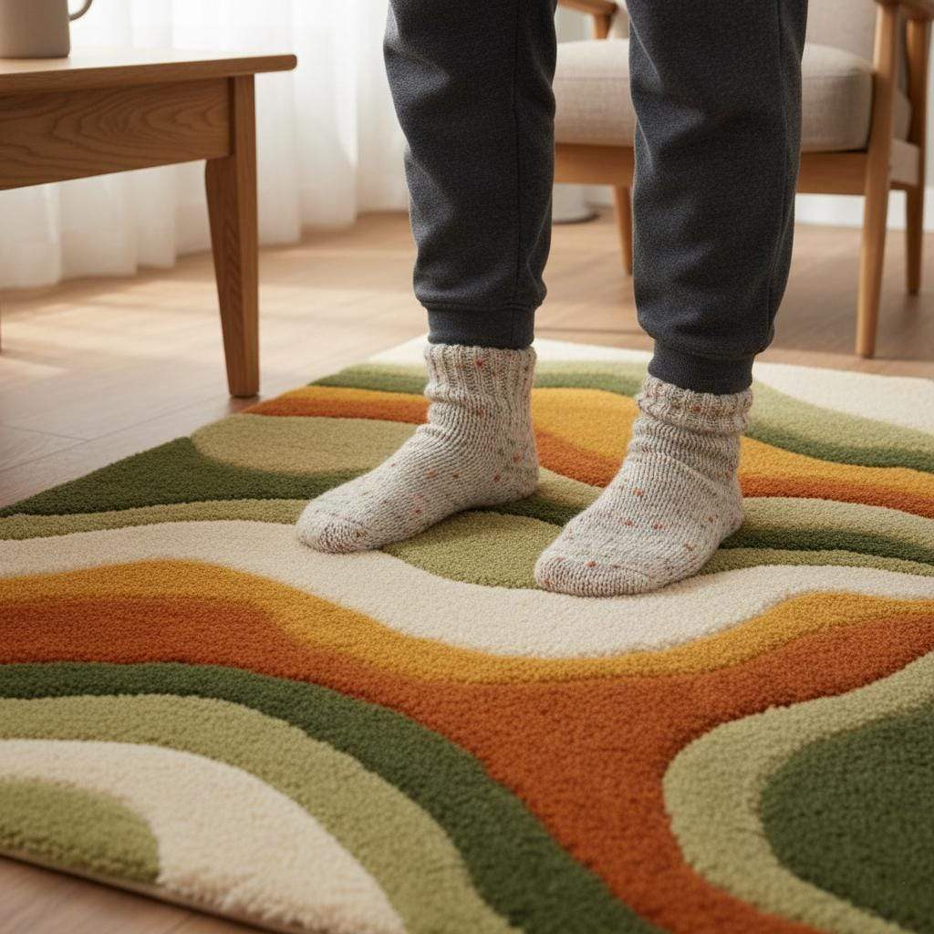 Large Wavy Area Rug — Retro Boho Shag Tufted Rug, Mid-Century Modern Living Room Carpet, Orange Green Cream Abstract Accent