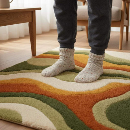 Large Wavy Area Rug — Retro Boho Shag Tufted Rug, Mid-Century Modern Living Room Carpet, Orange Green Cream Abstract Accent