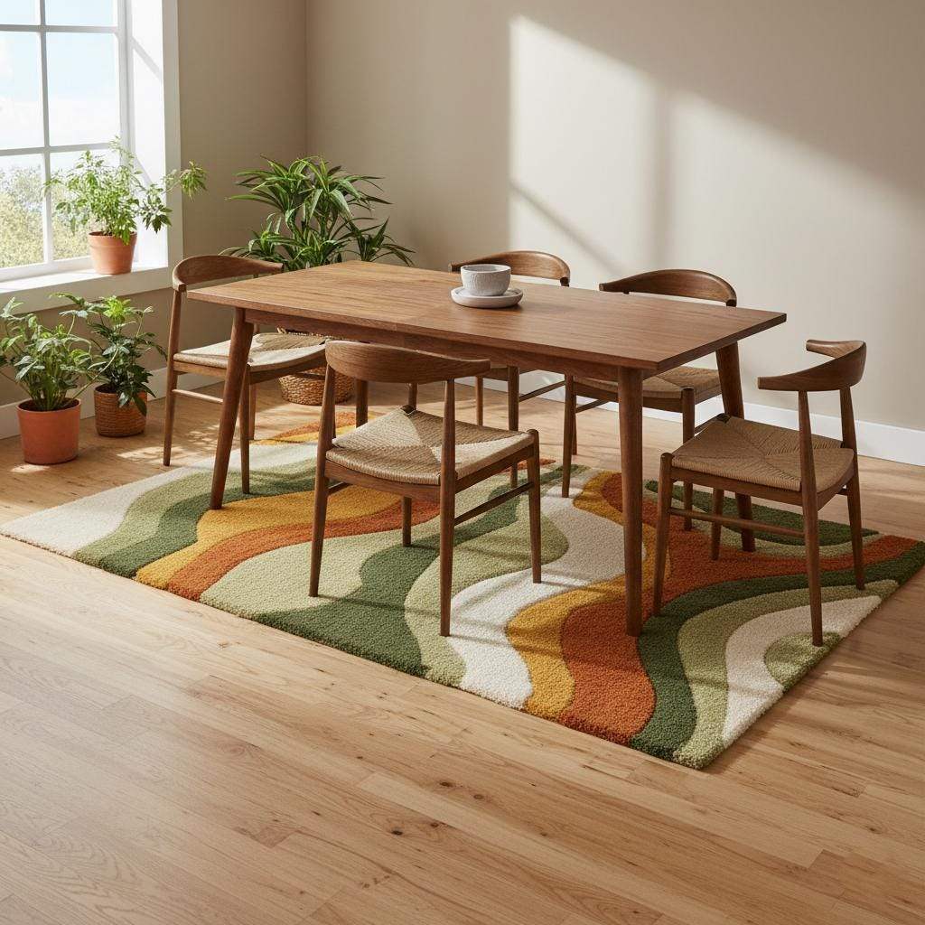 Large Wavy Area Rug — Retro Boho Shag Tufted Rug, Mid-Century Modern Living Room Carpet, Orange Green Cream Abstract Accent
