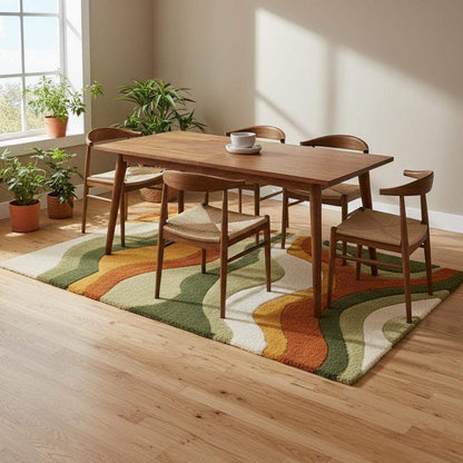 Large Wavy Area Rug — Retro Boho Shag Tufted Rug, Mid-Century Modern Living Room Carpet, Orange Green Cream Abstract Accent