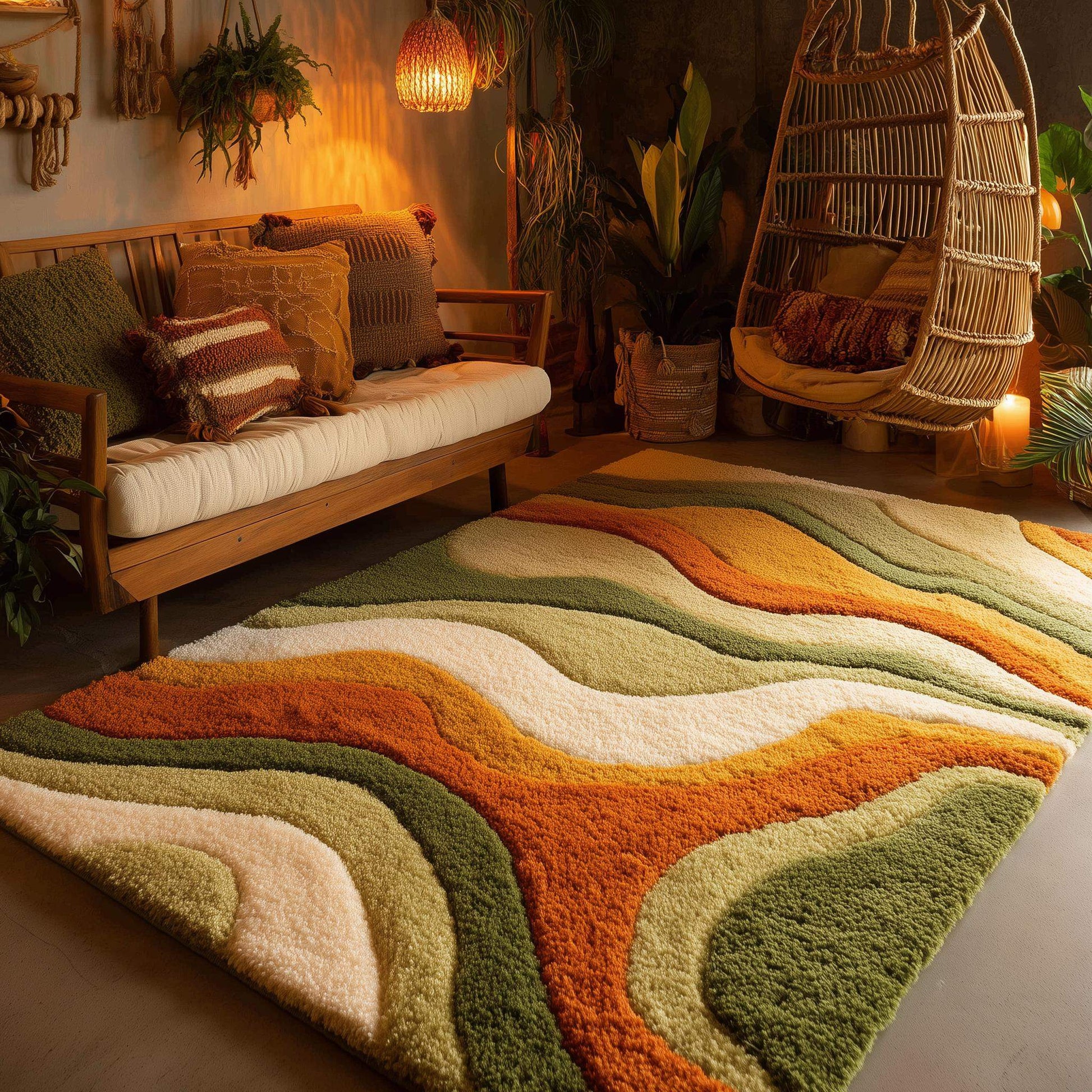 Large wavy area rug with retro orange, green, and cream abstract wave design and plush high-pile shag texture
