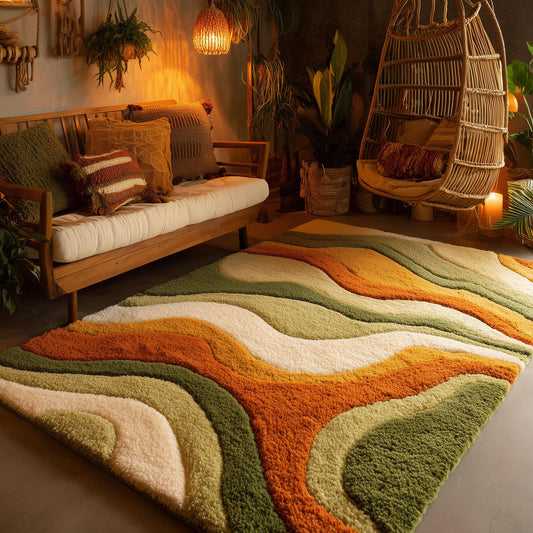 Large wavy area rug in orange, green and cream — retro boho shag rug in a mid-century modern living room with wood sofa.