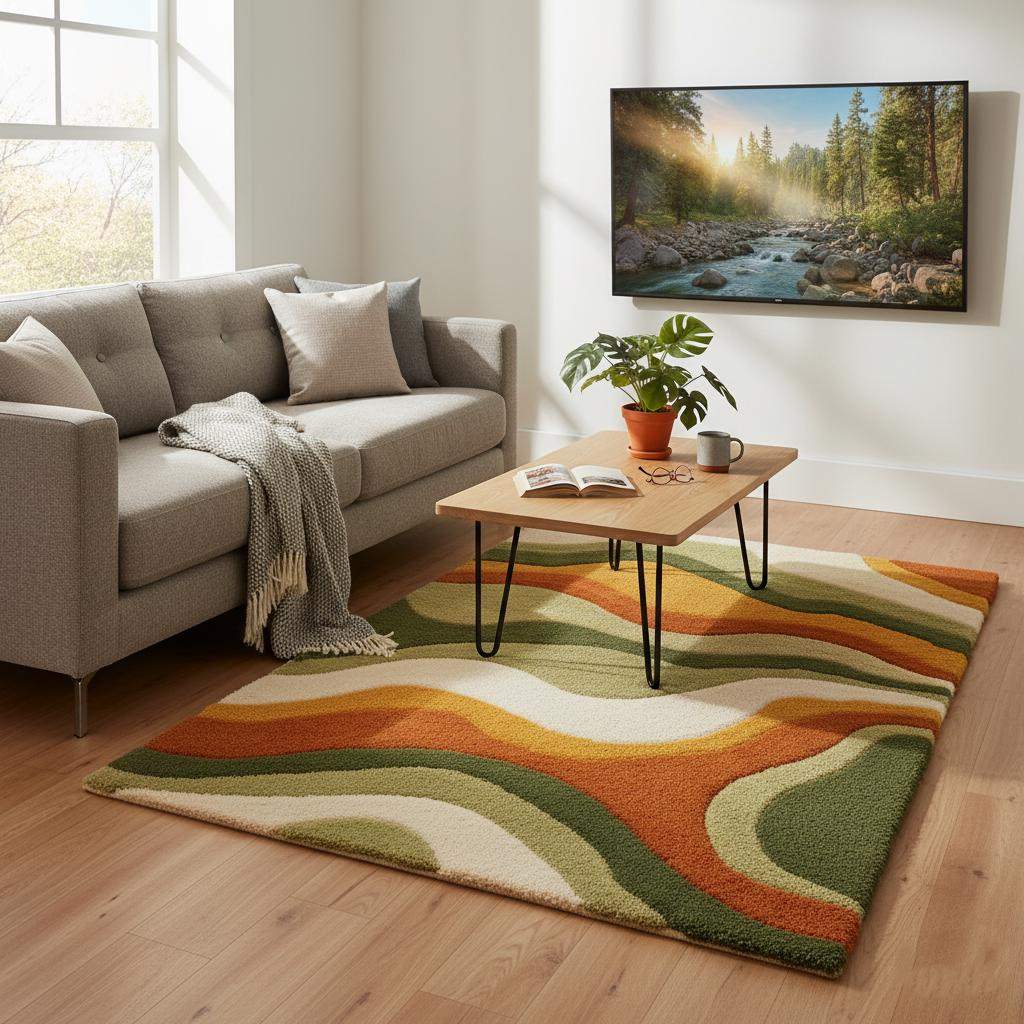 Large Wavy Area Rug — Retro Boho Shag Tufted Rug, Mid-Century Modern Living Room Carpet, Orange Green Cream Abstract Accent