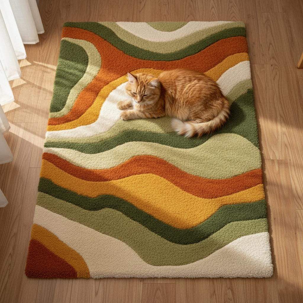 High pile shag tufted rug, abstract waves in warm fall colors, shown in staged lounge setting.
