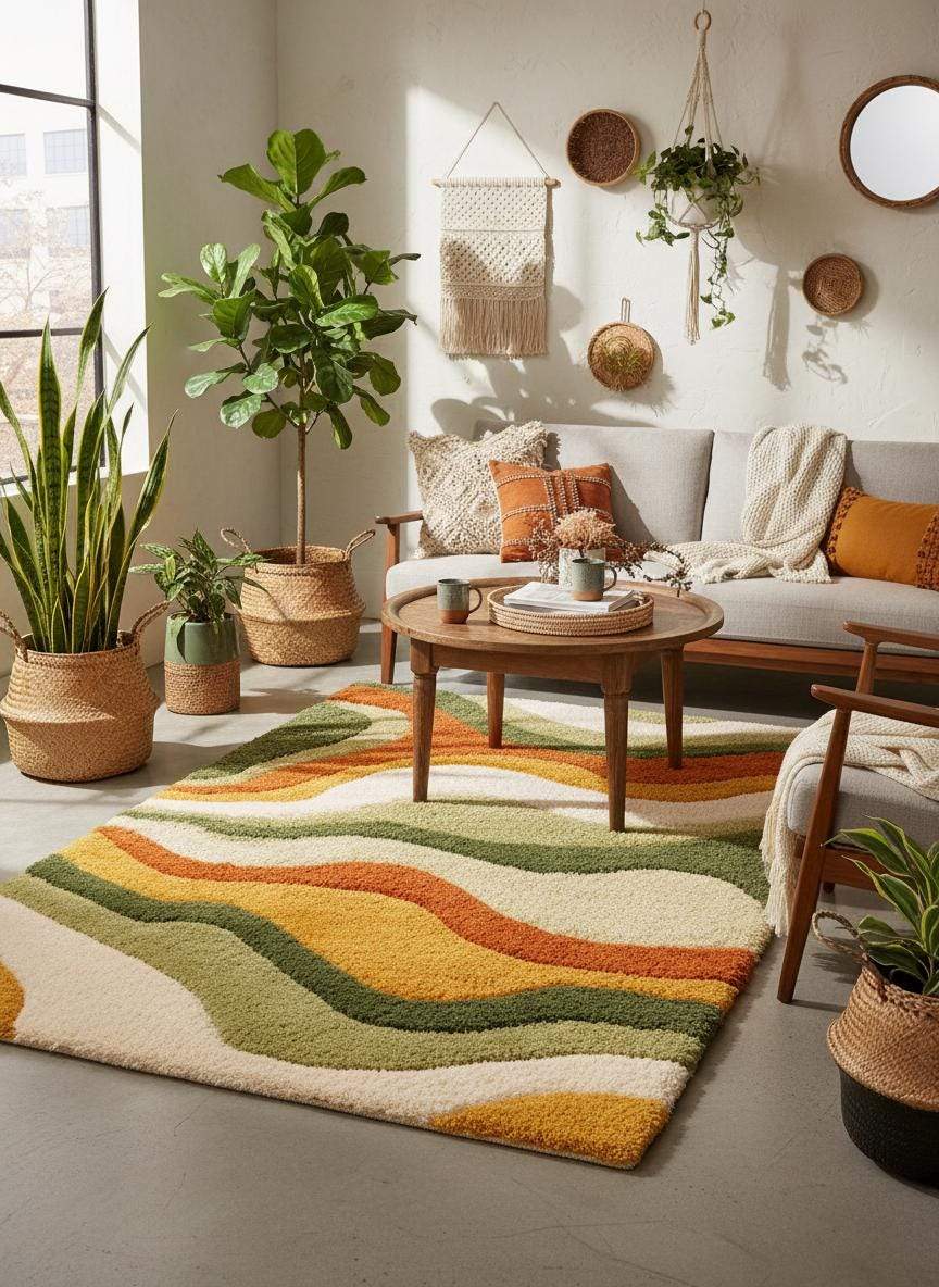 Large Wavy Area Rug — Retro Boho Shag Tufted Rug, Mid-Century Modern Living Room Carpet, Orange Green Cream Abstract Accent