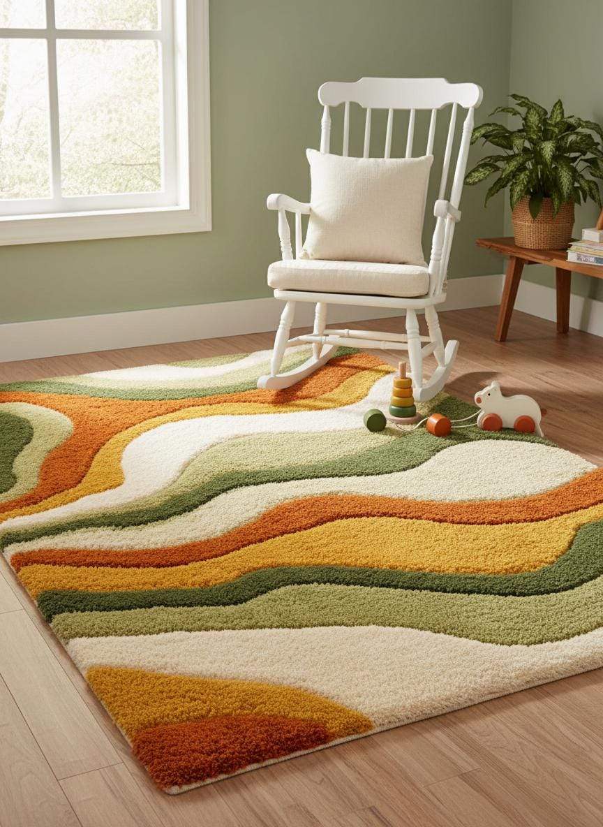 Large Wavy Area Rug — Retro Boho Shag Tufted Rug, Mid-Century Modern Living Room Carpet, Orange Green Cream Abstract Accent