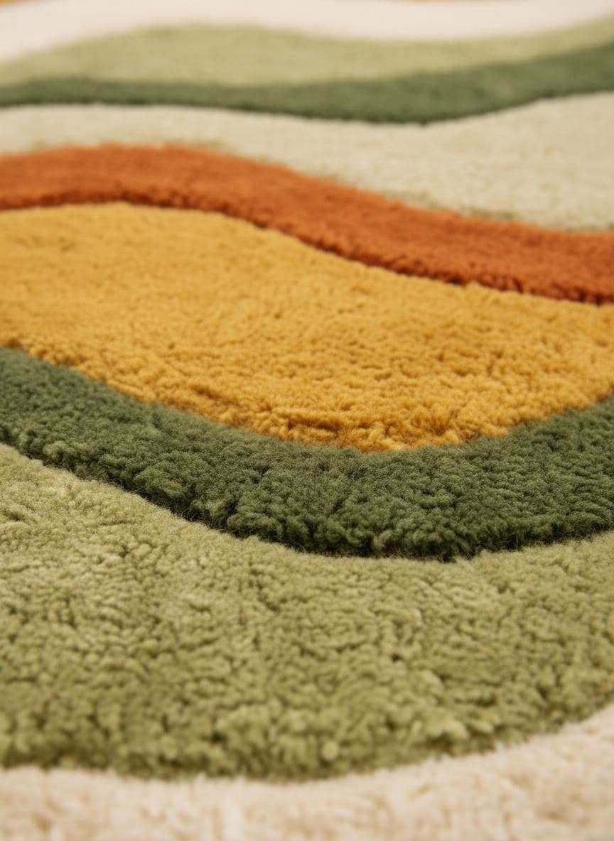 Large Wavy Area Rug — Retro Boho Shag Tufted Rug, Mid-Century Modern Living Room Carpet, Orange Green Cream Abstract Accent