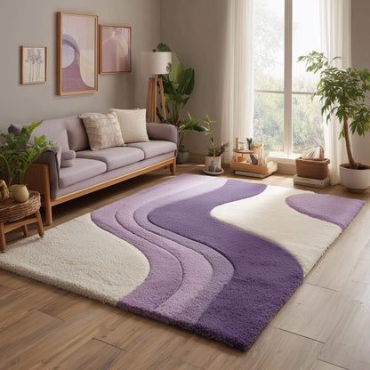 Lavender area rug with modern retro curvy stripe pattern, plush tufted surface, and pastel purple tones.