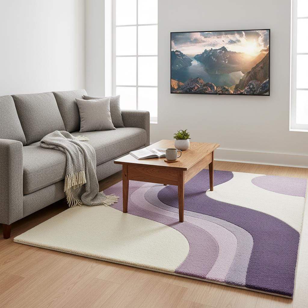 Modern lavender area rug with curvy stripe pattern and plush tufted surface