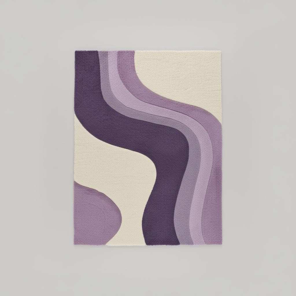 Modern retro lavender area rug with curvy stripe pattern and plush tufted surface