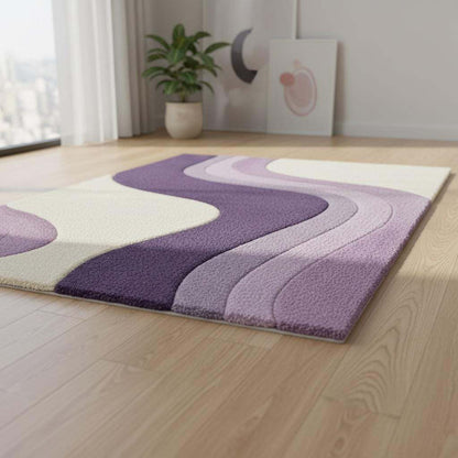 Lavender area rug with modern retro curvy stripe pattern in pastel purple and cream, rectangular tufted design for living rooms and bedrooms