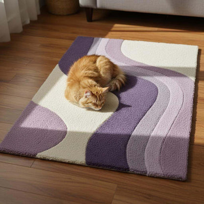 Lavender area rug with modern retro curvy stripe pattern in soft pastel purple and cream, rectangular tufted surface ideal for living rooms and bedrooms