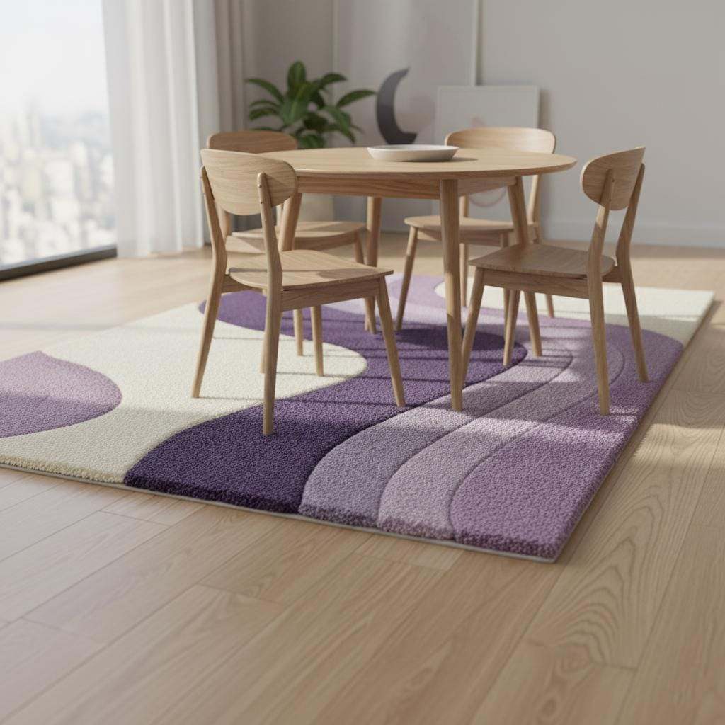 Lavender area rug with modern retro curvy stripe pattern and plush tufted surface