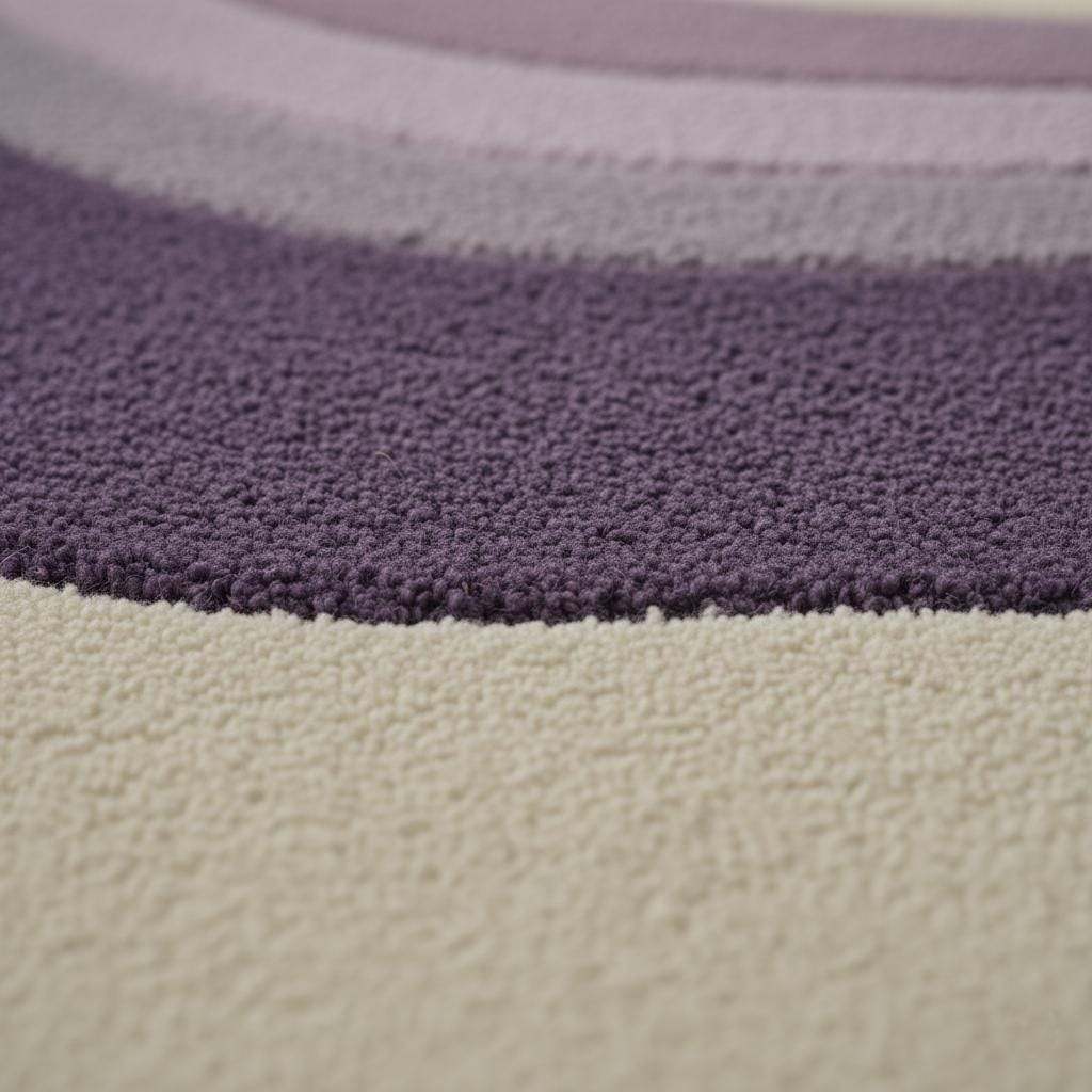 Lavender area rug with modern retro curvy stripe pattern, plush tufted surface, and pastel purple tones for living rooms and bedrooms