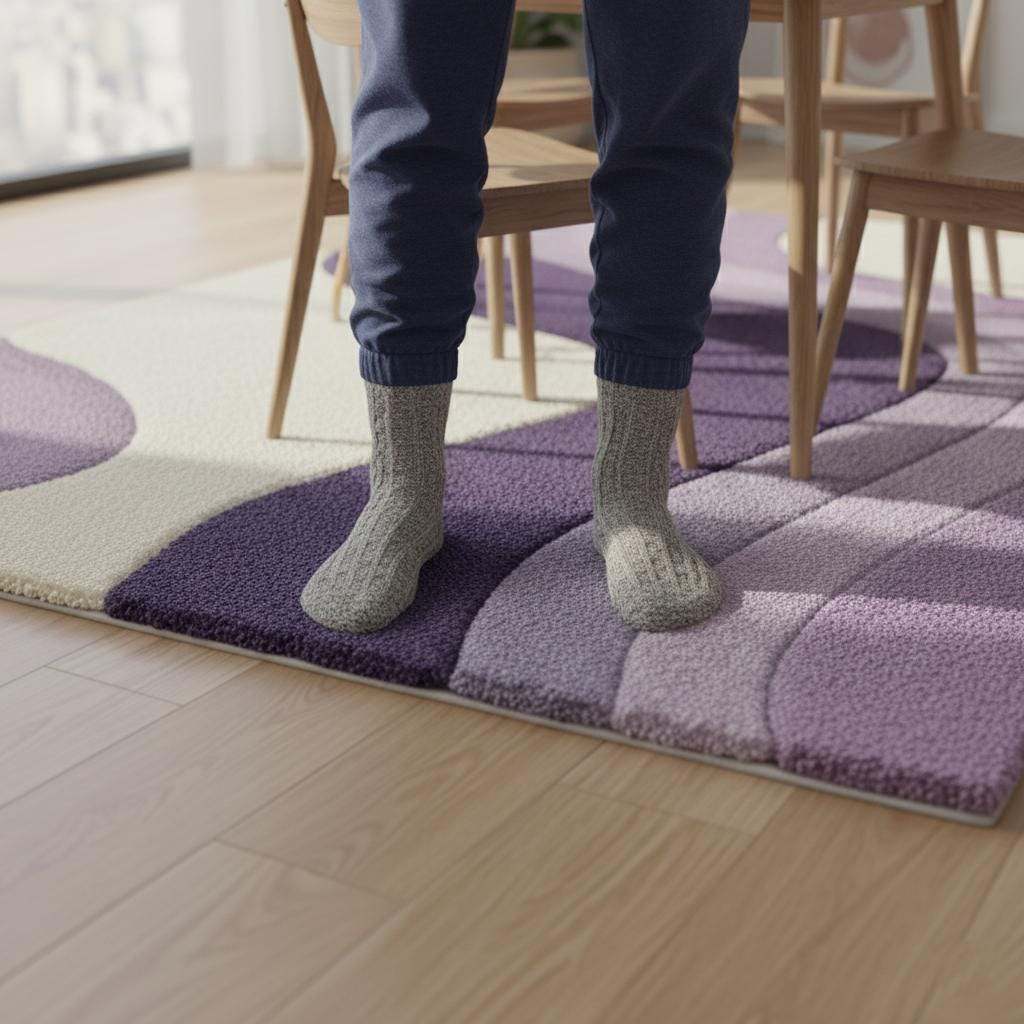Lavender area rug with modern retro curvy stripe pattern and plush tufted surface in soft pastel purple and cream colors