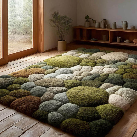 Luxurious moss-texture hand-tufted area rug in green and cream hues for natural home décor