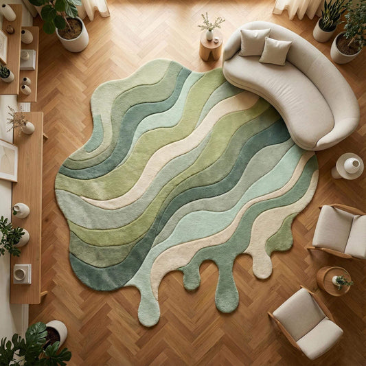 Hand tufted melting abstract rug with green wavy layers and sculptural texture for modern interiors