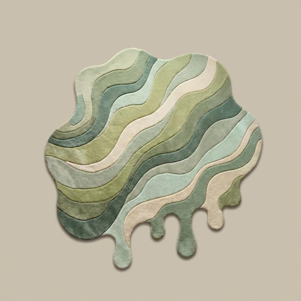 Modern irregular shaped rug featuring organic wave design and carved texture, abstract green hand tufted designer carpet