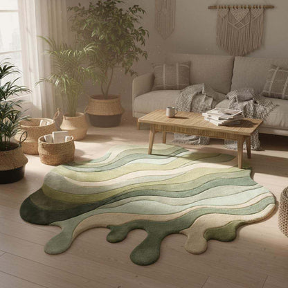 Abstract irregular shaped area rug with melting form and layered texture in sage and beige, contemporary living room rug