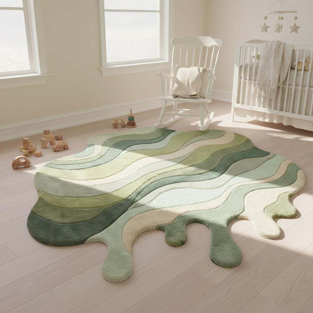Artistic hand tufted irregular shaped rug with flowing layered design, modern sculptural area rug for home décor