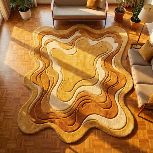 Melting area rug with irregular shape and high-pile sculpted wool in warm mustard and caramel tones