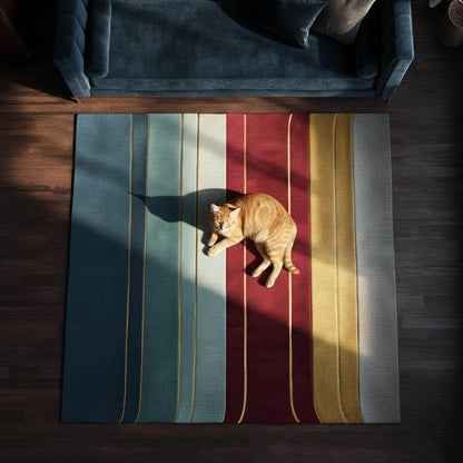 Hand-woven metallic gold stripe rug with jewel tone vertical stripes in sapphire, burgundy, teal, and mustard, 9x12 area rug for luxury living room decor